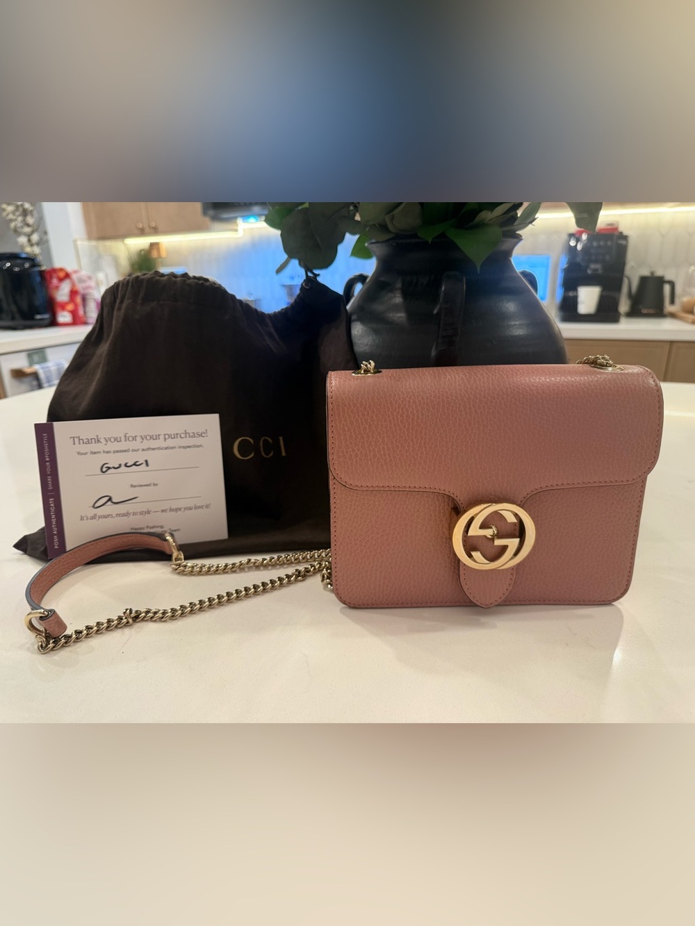 Gucci Dusty Pink Pebbled Leather Crossbody with Gold GG Hardware